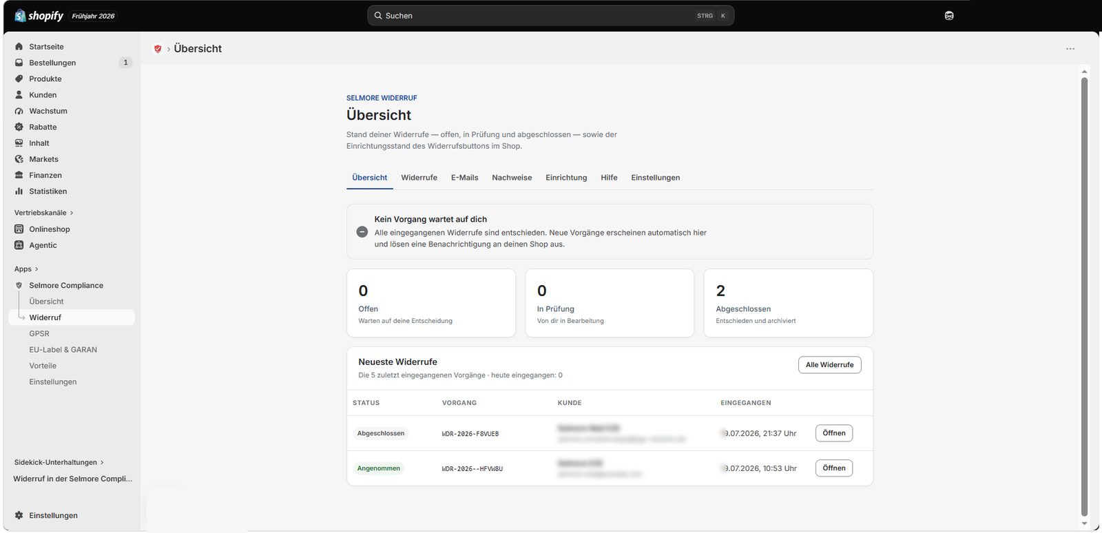 Selmore Widerruf mit Fallübersicht und Bearbeitungsstatus im Shopify Admin